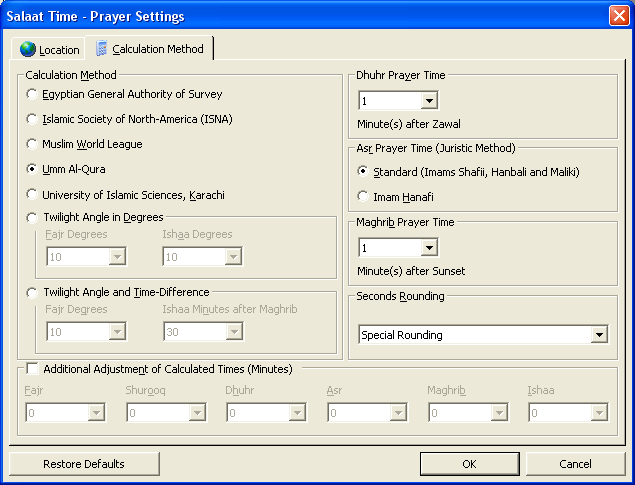 Salaat Time Screenshot - Prayer Calculation Method Screen